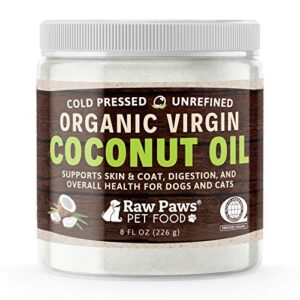 raw paws organic virgin coconut oil for dogs & cats, 8-oz - supports immune system, digestion, oral health, thyroid - all natural allergy relief for dogs, hairball relief