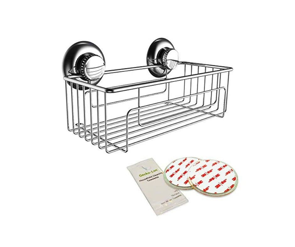 Gecko-Loc Large Deep Suction Cup Bathroom Shower Caddy Storage Basket Organizer – Silver