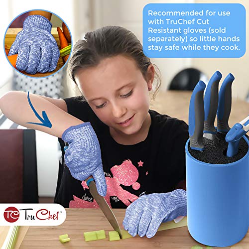 TruChef Kids Knife Set For Cooking – 5 Piece Kids Cook Set in Blue – Kids Cooking Supplies with Kids Chef Knife, Kids Paring Knife, Kids Peeler, Kids Serrated Knife & Universal Holder