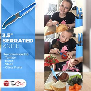 TruChef Kids Knife Set For Cooking – 5 Piece Kids Cook Set in Blue – Kids Cooking Supplies with Kids Chef Knife, Kids Paring Knife, Kids Peeler, Kids Serrated Knife & Universal Holder