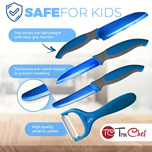 TruChef Kids Knife Set For Cooking – 5 Piece Kids Cook Set in Blue – Kids Cooking Supplies with Kids Chef Knife, Kids Paring Knife, Kids Peeler, Kids Serrated Knife & Universal Holder