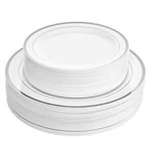 aya's 60 silver plastic plates disposable heavy duty premium plastic plates, 30 plastic dinner plates + 30 dessert appetizer plates for weddings, fancy disposable plates for party white plastic plates