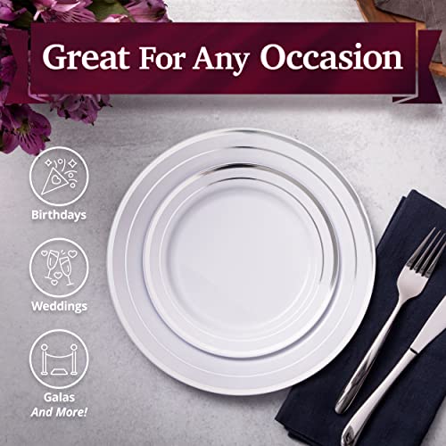 Aya's 60 Silver Plastic Plates Disposable Heavy Duty Premium Plastic Plates, 30 Plastic Dinner Plates + 30 Dessert Appetizer Plates for Weddings, Fancy Disposable Plates for Party White Plastic Plates