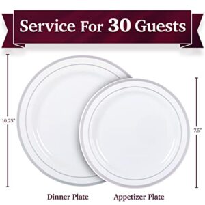 Aya's 60 Silver Plastic Plates Disposable Heavy Duty Premium Plastic Plates, 30 Plastic Dinner Plates + 30 Dessert Appetizer Plates for Weddings, Fancy Disposable Plates for Party White Plastic Plates