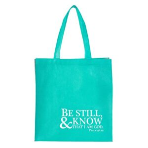 christian art gifts reusable shopping tote bag for women: be still & know - psalm 46:10 inspirational bible verse, easy-hold durable, collapsible handbag to carry groceries, books, & supplies, teal
