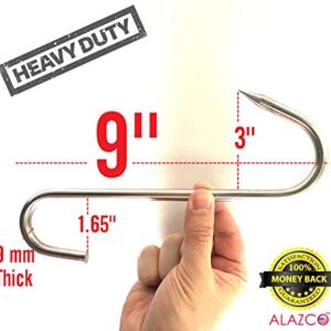 4pc 9" Heavy Duty & Thick ALAZCO Stainless Steel Meat Processing Butcher Hook - Wild Game, Smoking Ribs BBQ Large Fish, Hunting, Carcass Deer Hanging S-Hook Excellent Quality 9mm Thick