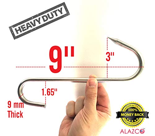 4pc 9" Heavy Duty & Thick ALAZCO Stainless Steel Meat Processing Butcher Hook - Wild Game, Smoking Ribs BBQ Large Fish, Hunting, Carcass Deer Hanging S-Hook Excellent Quality 9mm Thick