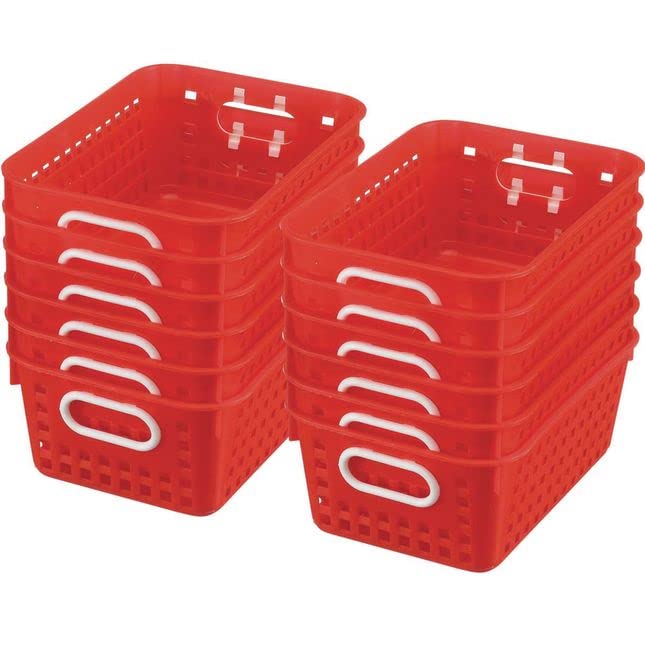 Really Good Stuff Multi-Purpose Plastic Storage Baskets for Classroom or Home Use - Stackable Mesh Plastic Baskets with Grip Handles 11" x 7.5" (Red - Set of 12)