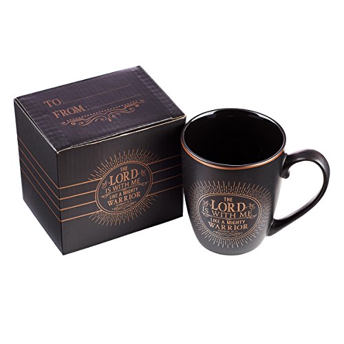 Christian Encouragement Gifts for Men/Women Matte Black Coffee Mug w/Metallic Font Scripture Verses “The Lord is with Me” Jeremiah 20:11 12oz Stoneware