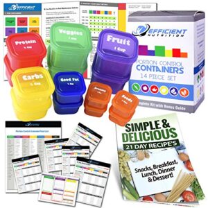 21 day labeled efficient nutrition portion control containers kit (14-piece) + complete guide + 21 day planner ebook + recipe ebook, bpa free color coded meal prep system for diet and weight loss