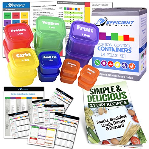 21 Day LABELED Efficient Nutrition Portion Control Containers Kit (14-Piece) + COMPLETE GUIDE + 21 DAY PLANNER eBOOK + RECIPE eBOOK, BPA FREE Color Coded Meal Prep System for Diet and Weight Loss