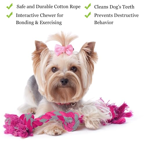 SunGrow Twisted Triple Knotted Rope Bone for Ferret, Parrot & Dogs, Cotton Pink and Gray Oral Chew Toys, 2 Pcs per Pack