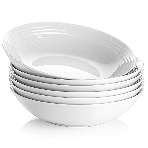 Y YHY 26 Ounces Porcelain Pasta Salad Bowls, White Soup Bowl Set, Wide and Shallow, Set of 6, Spiral Pattern, Christmas Thanksgiving