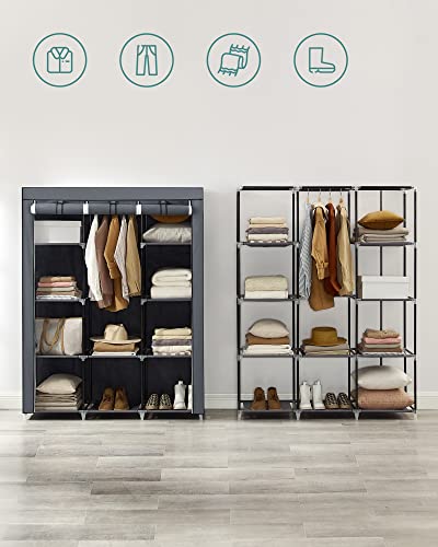 SONGMICS 51-Inch Portable Closet, Wardrobe Storage Organizer with 10 Shelves, Closet System with Hanging Rods and Cover, for Hanging Clothes, Quick and Easy Assembly, Grey URYG93G