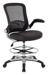 office star dc series mesh back drafting chair with adjustable footring and padded flip arms, black faux leather seat