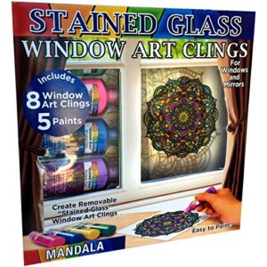 zorbitz joy of coloring stained glass window art clings diy kit,8 clings& 5 paints,4 gorgeous,intricate mandala designs,designed paint,removable clings, sticks to any glass surface,13 piece set,(2680)