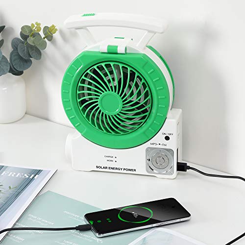 Multi-function Solar Fan Electric Outdoor Fishing Fan with MP3/Table Lamp/Torch/Cell Phone Charging Function for Camping Fishing and Hurricane Emergency