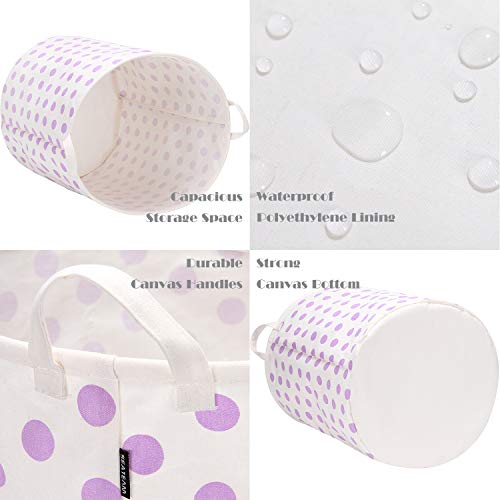 Sea Team 19.7 Inches Large Sized Waterproof Coating Ramie Cotton Fabric Folding Laundry Hamper Bucket Cylindric Burlap Canvas Storage Basket with Stylish Polka Dot Design (19.7", Purple)