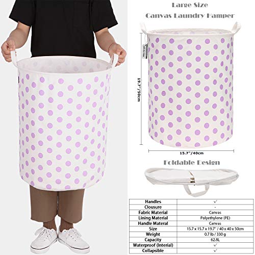 Sea Team 19.7 Inches Large Sized Waterproof Coating Ramie Cotton Fabric Folding Laundry Hamper Bucket Cylindric Burlap Canvas Storage Basket with Stylish Polka Dot Design (19.7", Purple)