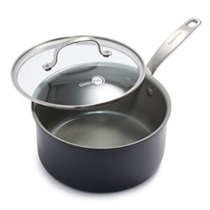 greenpan chatham hard anodized healthy ceramic nonstick, 3qt saucepan pot with lid, pfas-free, dishwasher safe, oven safe, gray