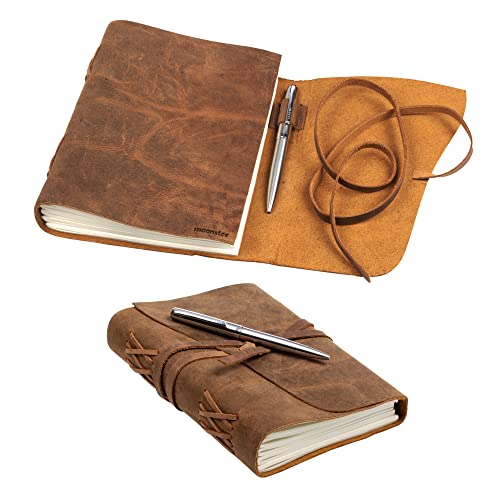 Moonster Leather Journal Notebook Gift Set + Luxury Pen – Handmade Genuine Buffalo Leather Travel Journal Hand-Stitched Coptic Leather Binding – Premium Recycled Acid-Free Unlined Cotton Paper