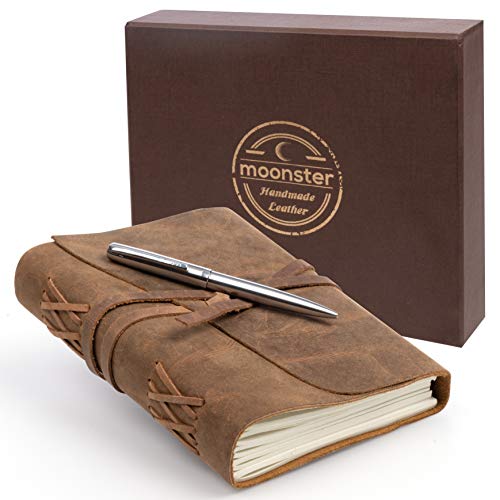 Moonster Leather Journal Notebook Gift Set + Luxury Pen – Handmade Genuine Buffalo Leather Travel Journal Hand-Stitched Coptic Leather Binding – Premium Recycled Acid-Free Unlined Cotton Paper