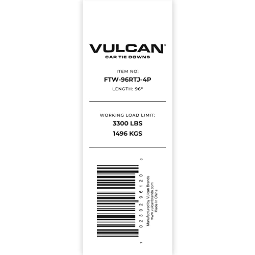 VULCAN Car Tie Down Replacement Strap with RTJ Hooks - 96 Inch - 4 Pack - 3,300 Pound Safe Working Load