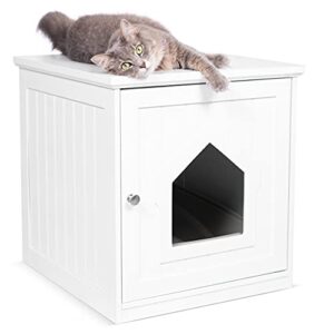 BIRDROCK Home Decorative Cat House & Side Table - Cat Home Nightstand - Indoor Pet Crate - Litter Box Enclosure - Hooded Hidden Pet Box - Cats Furniture Cabinet - Kitty Washroom - White