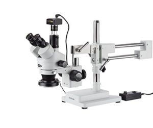 amscope 7x-45x simul-focal stereo zoom microscope on dual arm boom stand with 144-led ring light and 10mp camera