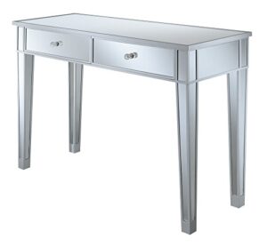 convenience concepts gold coast mirrored desk 42" - console table with 2 drawers for storage in living room, office, silver/mirror