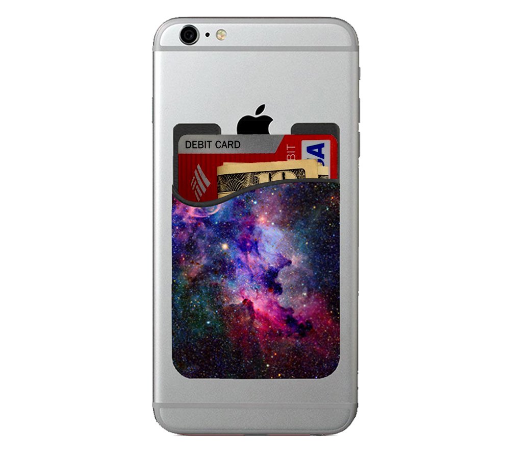 (Two) Galaxy cell phone stick on wallet card holder phone pocket for iPhone, Android and all smartphones.