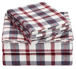 amazon brand – pinzon 160-gram plaid flannel cotton bed sheet set, queen, red / grey plaid