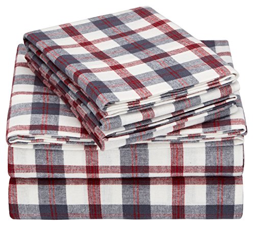 Amazon Brand – Pinzon 160-Gram Plaid Flannel Cotton Bed Sheet Set, Queen, Red / Grey Plaid