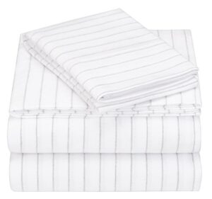 amazon brand – pinzon 160-gram pinstripe flannel cotton bed sheet set, twin xl, white pinstripe