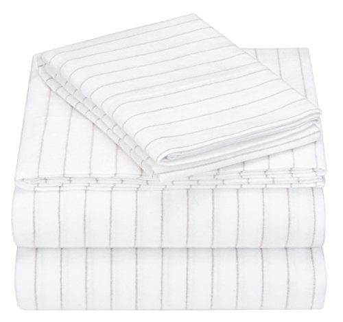 Amazon Brand – Pinzon 160-Gram Pinstripe Flannel Cotton Bed Sheet Set, Twin XL, White Pinstripe