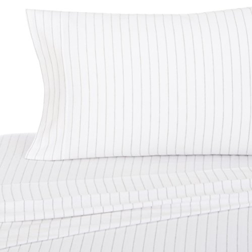 Amazon Brand – Pinzon 160-Gram Pinstripe Flannel Cotton Bed Sheet Set, Twin XL, White Pinstripe