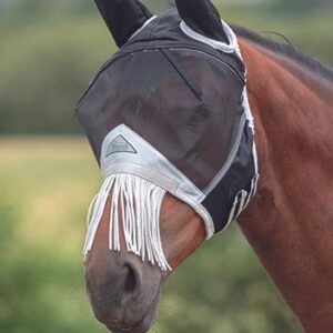 Shires Fine Mesh Fly Mask with Nose Fringe Black Pony