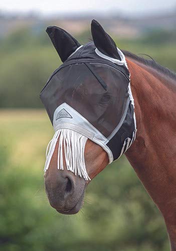 Shires Fine Mesh Fly Mask with Nose Fringe Black Pony