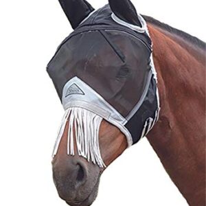 Shires Fine Mesh Fly Mask with Nose Fringe Black Pony