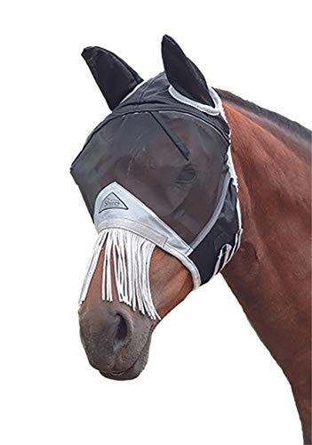 Shires Fine Mesh Fly Mask with Nose Fringe Black Pony