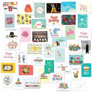 40 happy birthday cards assortment with envelopes - perfect assorted birthday party greetings card for men women kids parent and employees - blank inside with original humoristic colorful art designs outside - quality thick cards