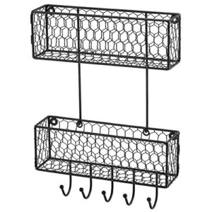 mygift wall mounted black chicken wire metal key and mail holder organizer with 4 hooks, entryway hanging storage baskets