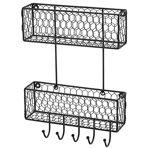 MyGift Wall Mounted Black Chicken Wire Metal Key and Mail Holder Organizer with 4 Hooks, Entryway Hanging Storage Baskets