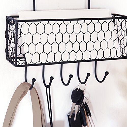 MyGift Wall Mounted Black Chicken Wire Metal Key and Mail Holder Organizer with 4 Hooks, Entryway Hanging Storage Baskets