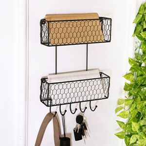 MyGift Wall Mounted Black Chicken Wire Metal Key and Mail Holder Organizer with 4 Hooks, Entryway Hanging Storage Baskets