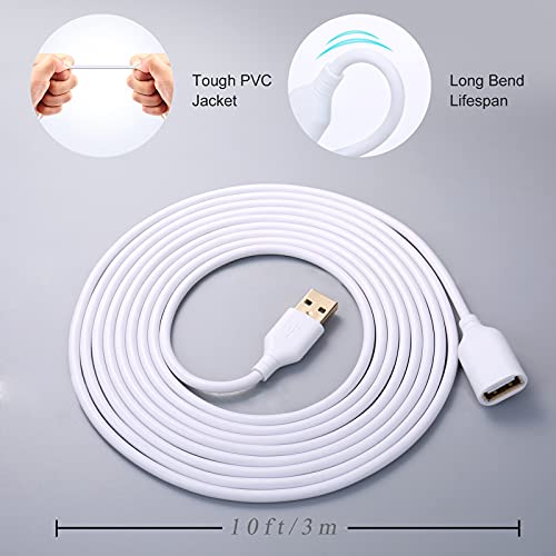 Costyle White USB Extension Cable, 2-Pack USB 2.0 10ft/3m USB Type A Male to A Female USB Extension Cord White USB Extender Cable with Gold-Plated Connectors