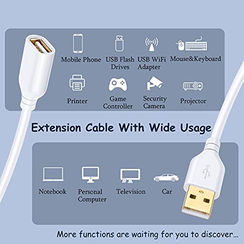 Costyle White USB Extension Cable, 2-Pack USB 2.0 10ft/3m USB Type A Male to A Female USB Extension Cord White USB Extender Cable with Gold-Plated Connectors