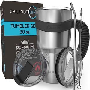 chillout life stainless steel travel mug with handle 30 oz – 6 piece set. tumbler with handle, straw, cleaning brush & 2 lids. double wall insulated large coffee mug bundle