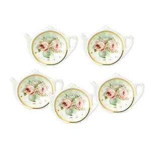 white porcelain ceramic with flower trim gold rim teapot-shaped tea bag holder tea bag coasters, spoon rests; classic tea saucer seasoning dish set
