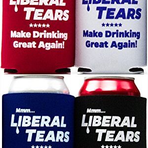 Republican Supporting Liberal Tears Drink Insulators 4 Pack in Black, Red, White, and Blue. Perfect American Patriotic Gift for Dad, Husband and Conservatives. Collapsible Coolers for 12oz - 16oz cans